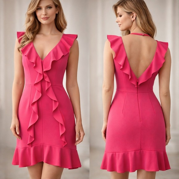 Laundry By Shelli Segal Dresses & Skirts - NWTs Party Wedding Hot Pink Ruffle V-Neck Comfort Dress Sz‎ 12 Bold Barbi Ruffle